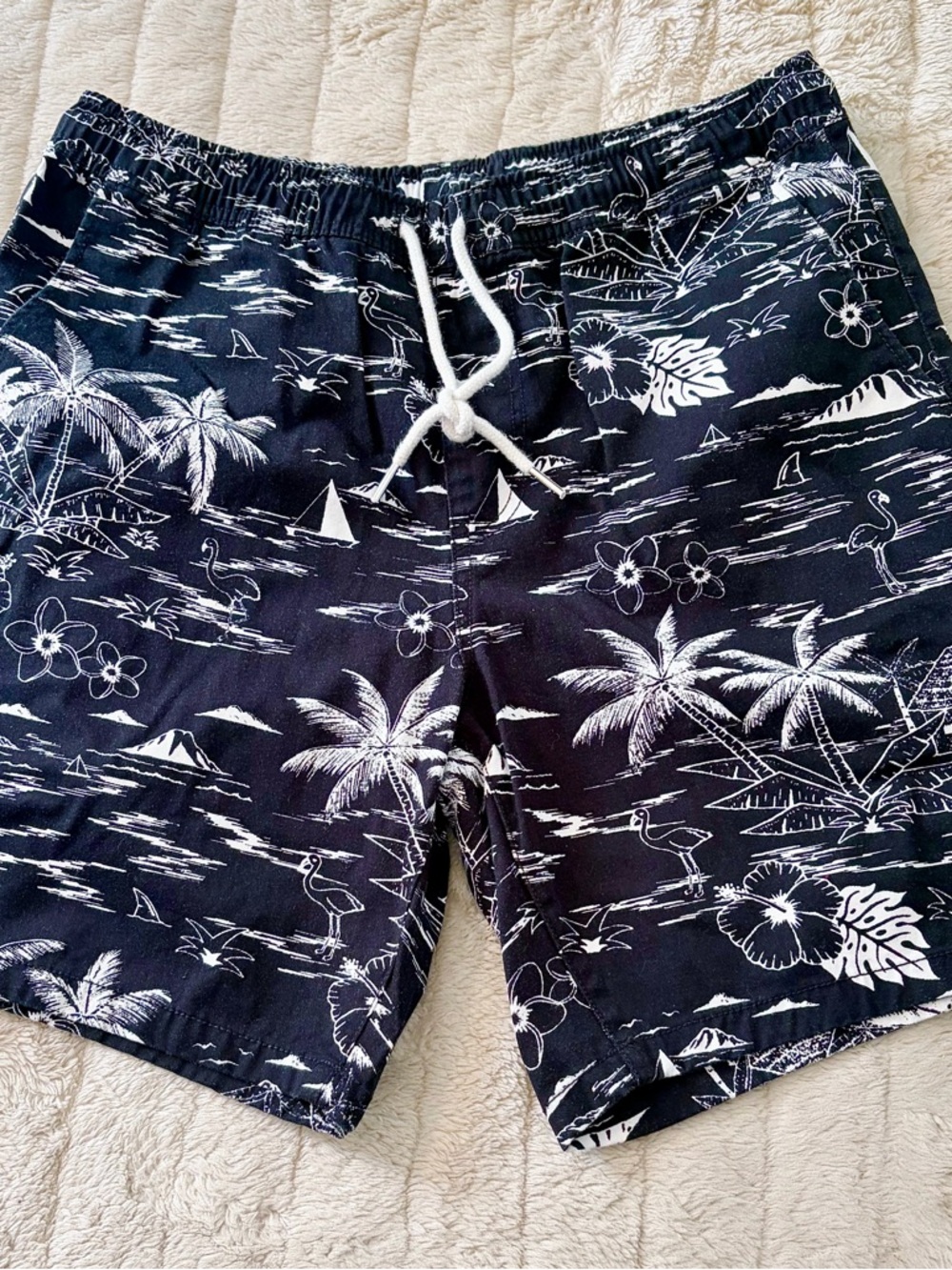 Forever 21 Navy & White Tropical Swim Shorts with Drawstring